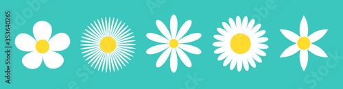 Five camomile set. White daisy chamomile icon line. Cute round flower plant nature collection. Love card symbol. Growing concept. Decoration element. Flat design. Green background. Isolated.