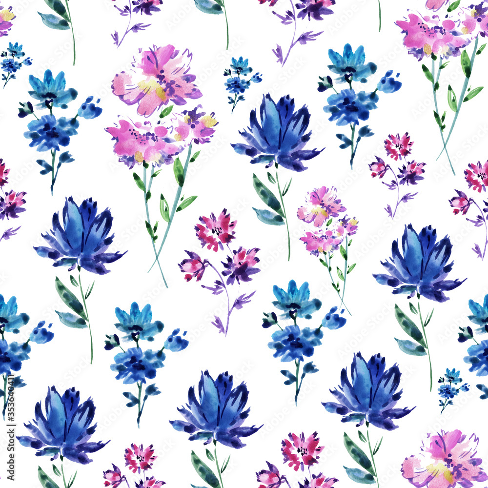 Pattern of pink and blue flowers. Stylized wild plants. Seamless pattern with watercolor flowers. Ornament of field plants on a white background.