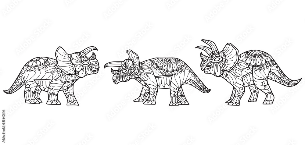 Fototapeta premium Dinosaur pattern. Hand drawn sketch illustration for adult coloring book.