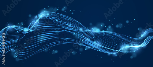 Dynamic particles sound wave flowing over dark. Dotted curves vector abstract background. Beautiful 3d wave shaped array of shining blended points.