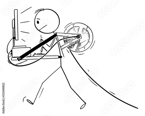 Vector cartoon stick figure drawing conceptual illustration of walking man or businessman carrying desktop computer attached to him as mobile office, pulling electric cable behind.