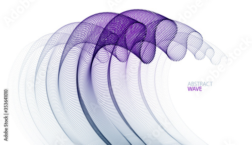 Vector abstract background with wave of flowing particles, smooth curve shape lines, transparent tulle textile on wind. 3d shape dots magic blended mesh.