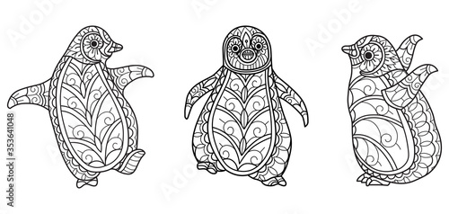 Penguins pattern. Hand drawn sketch illustration for adult coloring book.