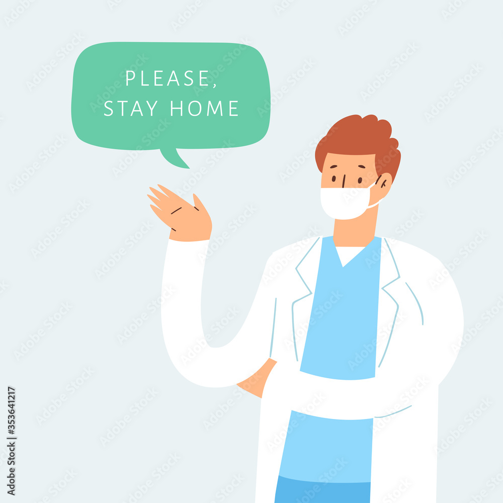 Male medicine worker with speech bubble, coronavirus pandemic or disease COVID-19 quarantine concept. Doctor in face mask informing about self protective measures, treatment and prevention. Stay home Male medicine worker with speech bubble, coronavirus pandemic or disease COVID-19 quarantine concept. Doctor in face mask informing about self protective measures, treatment and prevention. Stay home