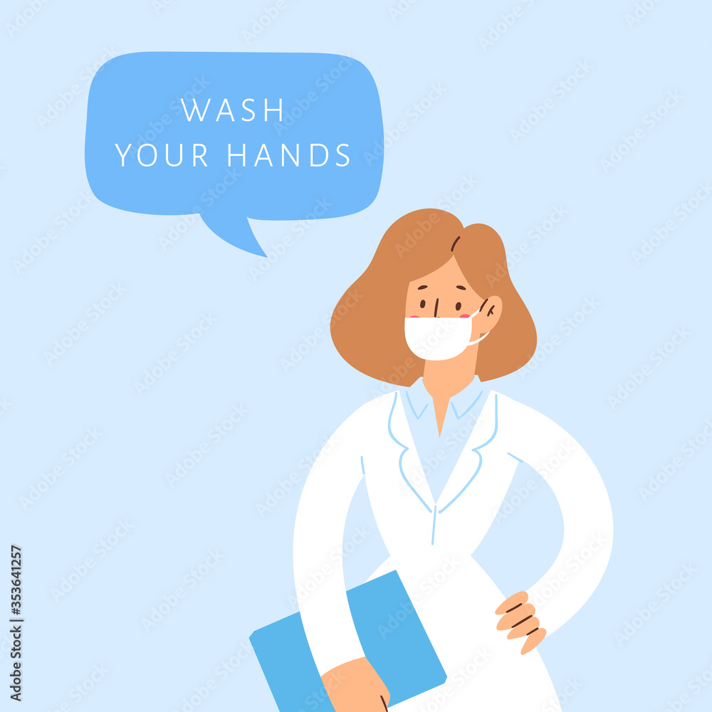 Female medicine worker with speech bubble, coronavirus pandemic disease COVID-19 quarantine concept. Doctor in face mask informing about self protective measures, treatment and prevention. Stay home Female medicine worker with speech bubble, coronavirus pandemic disease COVID-19 quarantine concept. Doctor in face mask informing about self protective measures, treatment and prevention. Stay home