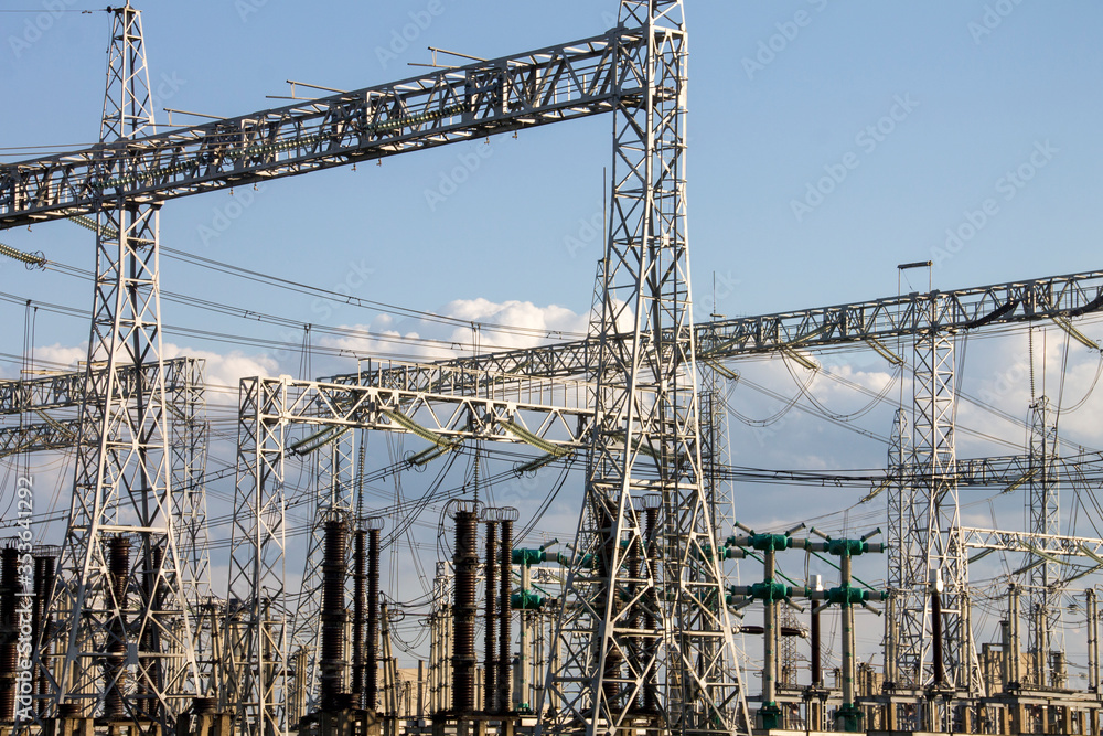 A powerful electrical Substation that provides power to industrial enterprises. High-voltage electric current. A powerful electrical Substation that provides power to industrial enterprises. High-voltage electric current.