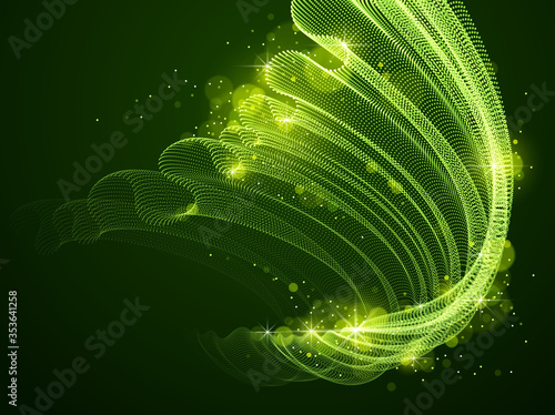 Flowing magic energy particles over dark, wave of blended dots transparent tulle textile on wind. Curved dotted 3d lines vector effect illustration. 3d futuristic style.