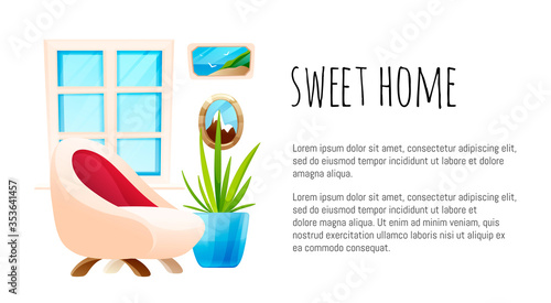 Armchair nearby the window, plant and photos