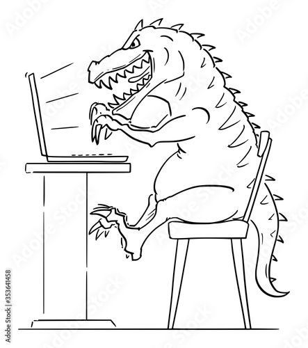 Vector cartoon stick figure drawing conceptual illustration of T-Rex, Tyrannosaurus rex, monster or Internet predator on computer searching for his prey. Concept of cyber crime, deception or stalking.