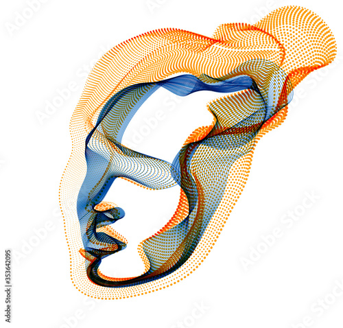 Abstract artistic human head portrait made of dotted particles array, vector illustration of Artificial Intelligence, software digital visual interface.