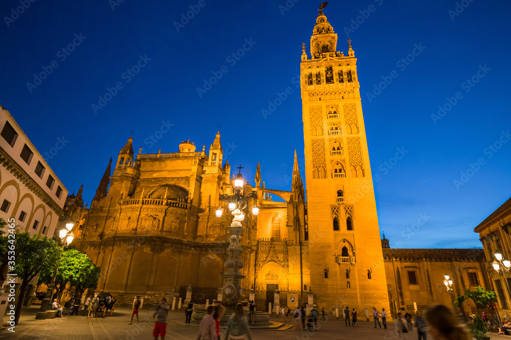 Fototapeta premium Night view of the Plaza Virgen de los Reyes with the Giralda and the cathedral of Seville, Spain.