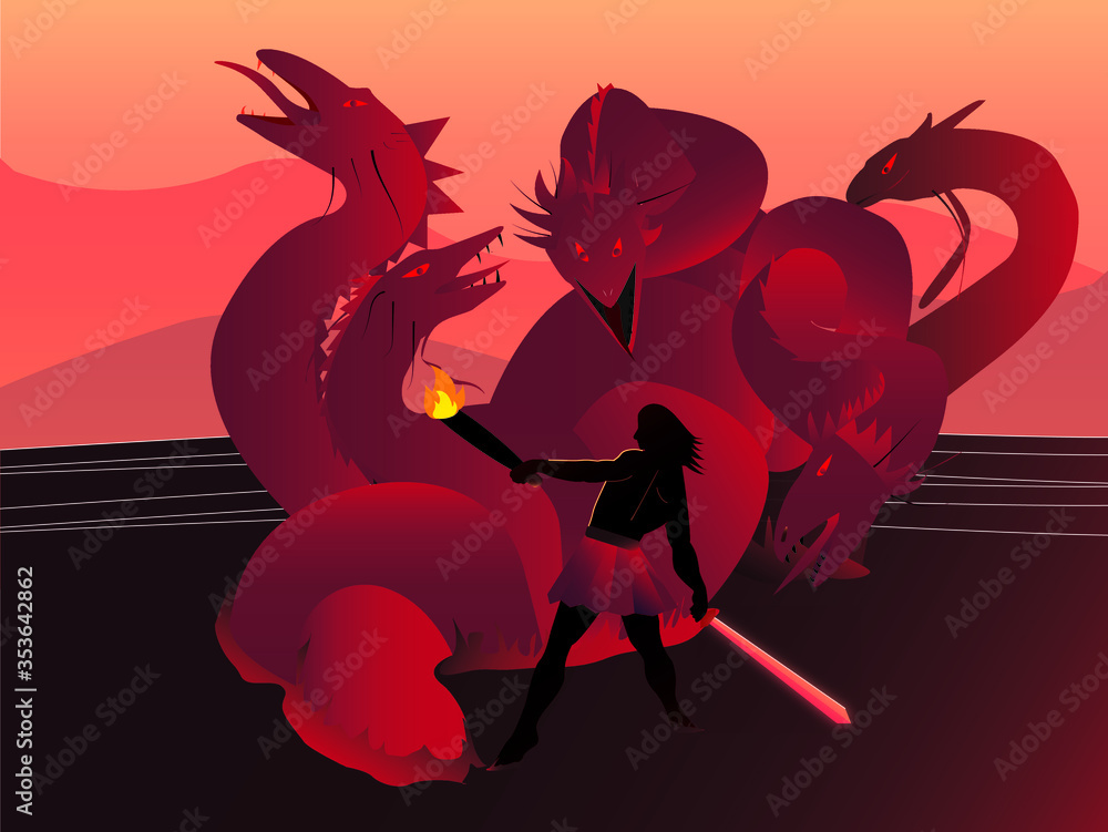 Hercules versus Dragon at the sea vector. Mythological icon, vector ...