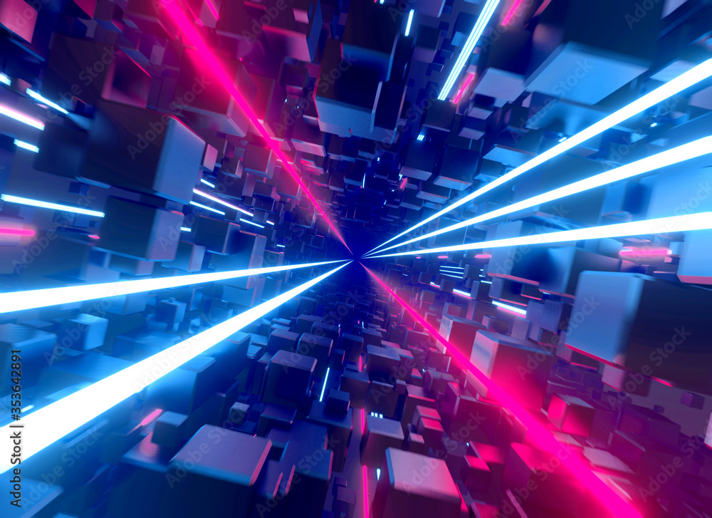 Fototapeta premium Flying through cube tunnel with glowing neon lines.