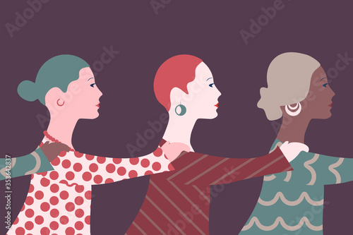 Beautiful elegant women of different nationalities stand in a row and put their hand on each other's shoulder. Horizontally seamless vector illustration.