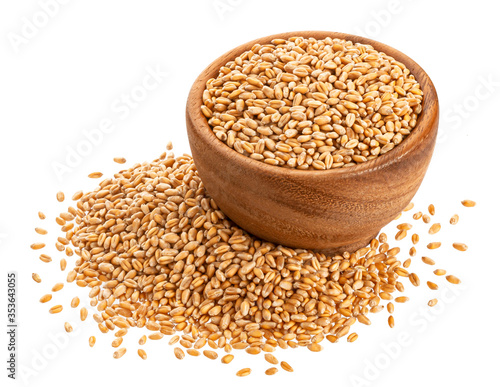 Wheat seeds in wooden bowl isolated on white background