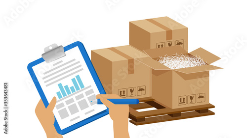 tasks clipboard in hands and crate boxes for quality check, clipboard with checkmark for stock quality report, quality control of cardboard parcel boxes in warehouse factory, packaging cargo isolated