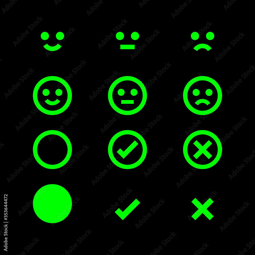 green glowing icon emotions face, emotional symbol and approval check sign button, fluorescent emotions faces and checkmark x or confirm and deny, button glowing flat for apps, icons checkmark shining green glowing icon emotions face, emotional symbol and approval check sign button, fluorescent emotions faces and checkmark x or confirm and deny, button glowing flat for apps, icons checkmark shining