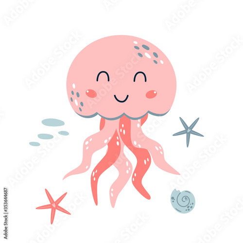 Cartoon jellyfish. Pink jellyfish. Cute cartoon character is isolated on white. Girls funny print. Ocean illustration. Sea animall photo