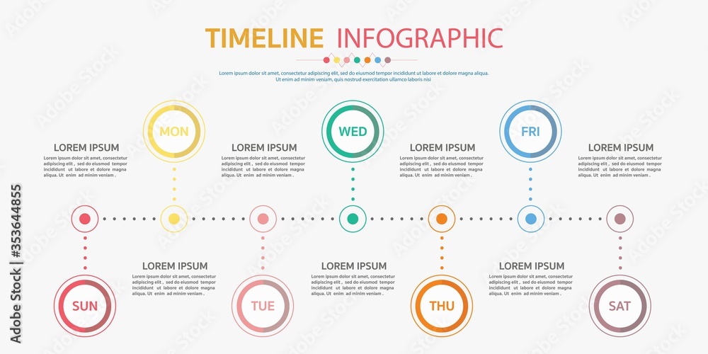 Horizontal timeline template with 7 day,Timeline infographic.Weekly timeline infographic.