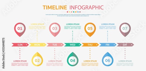 Horizontal timeline template with 7 day,Timeline infographic.Weekly timeline infographic.