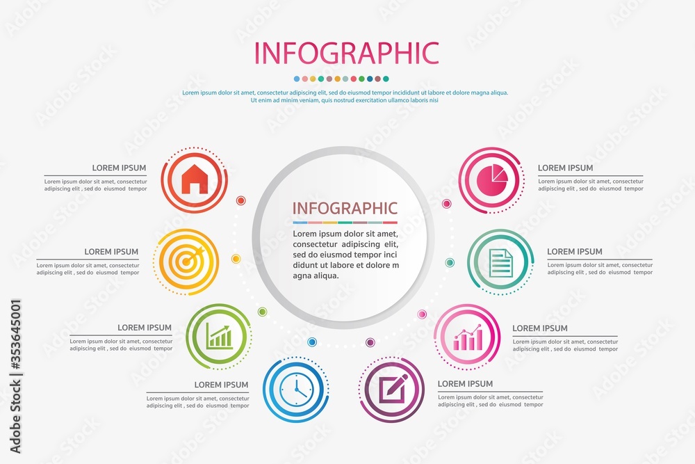 Timeline infographics design vector and marketing icons. Business concept with 8 options, steps or processes .