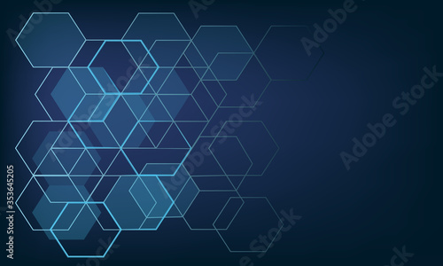 Abstract technology and science background, space for text, hexagonal shapes on a blue backdrop.