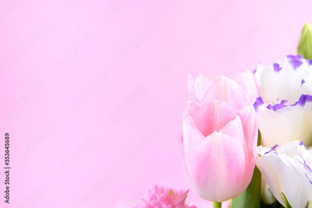 Obraz premium Beautiful elegant spring bouquet for greeting on pink background, selective focus, copy space. Bunch of tender tulips, eustoma flowers and hyacinthus. Romantic bouquet of flowers. Mother’s Day