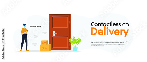 Contactless delivery concept illustration. Courier woman, man in protective mask and food bag with safe distance to protect form covid-19 or coronavirus. Flat vector illustration, isolated objects. photo