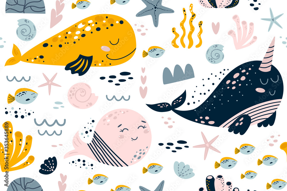 Girl sea pattern. Girls nautical seamless pattern Cute sea animals funny whales kids textile clothing package design Girl sea pattern. Girls nautical seamless pattern Cute sea animals funny whales kids textile clothing package design