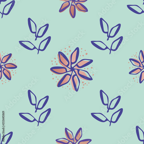 Flowers and leaves seamless vector pattern background. Painterly blooms foliage with offset color on mint green backdrop. Modern botanical design. All over print for giftwrap, stationery, packaging