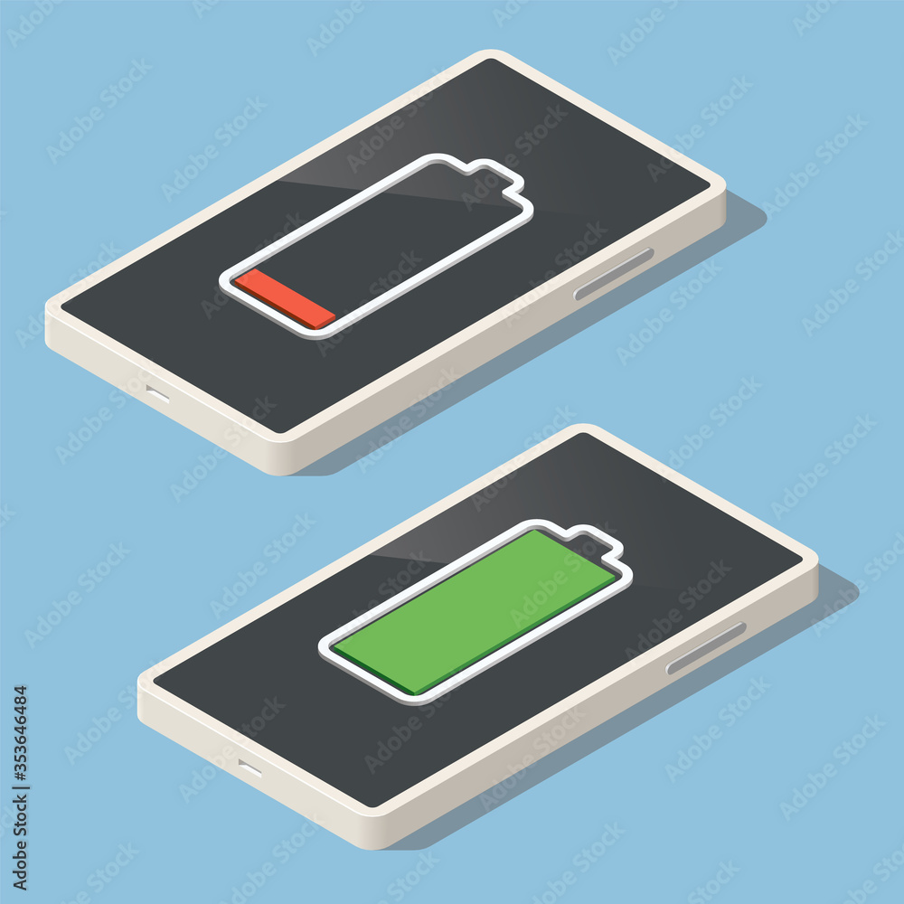 Isometric smartphone indicates low and full battery. Isometric smartphone indicates low and full battery.