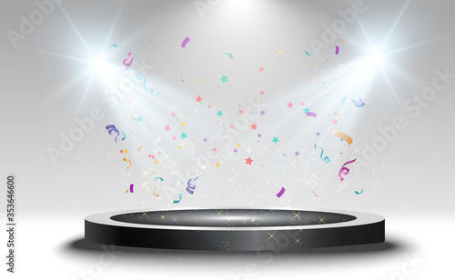 Winner background with signs of first, second and third place on a round pedestal. Vector winner podium sports symbols.