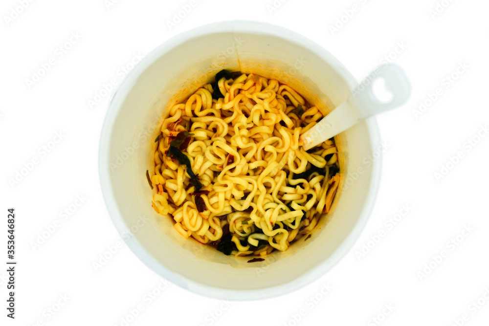 Instant cup noodle hot and spicy flavoring isolate on white background. Noodles sold in a precooked and dried block with flavoring powder and/or seasoning oil Instant cup noodle hot and spicy flavoring isolate on white background. Noodles sold in a precooked and dried block with flavoring powder and/or seasoning oil