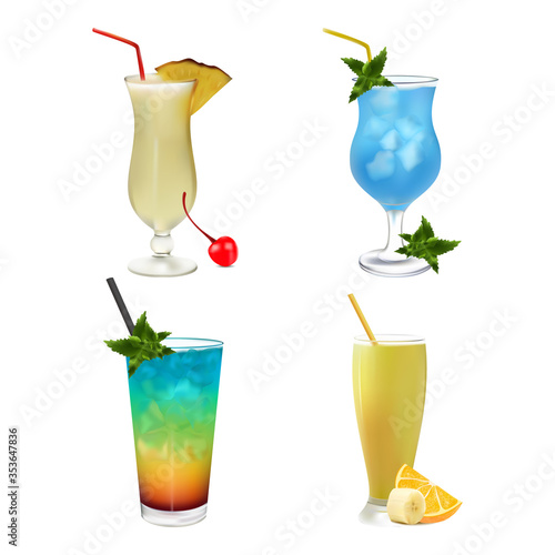 Set cocktails isolated on a white background. Сollection macro drink icons. Beverages pina colada, blue lagoon realistic style. Vector illustration 3D. Design elements.