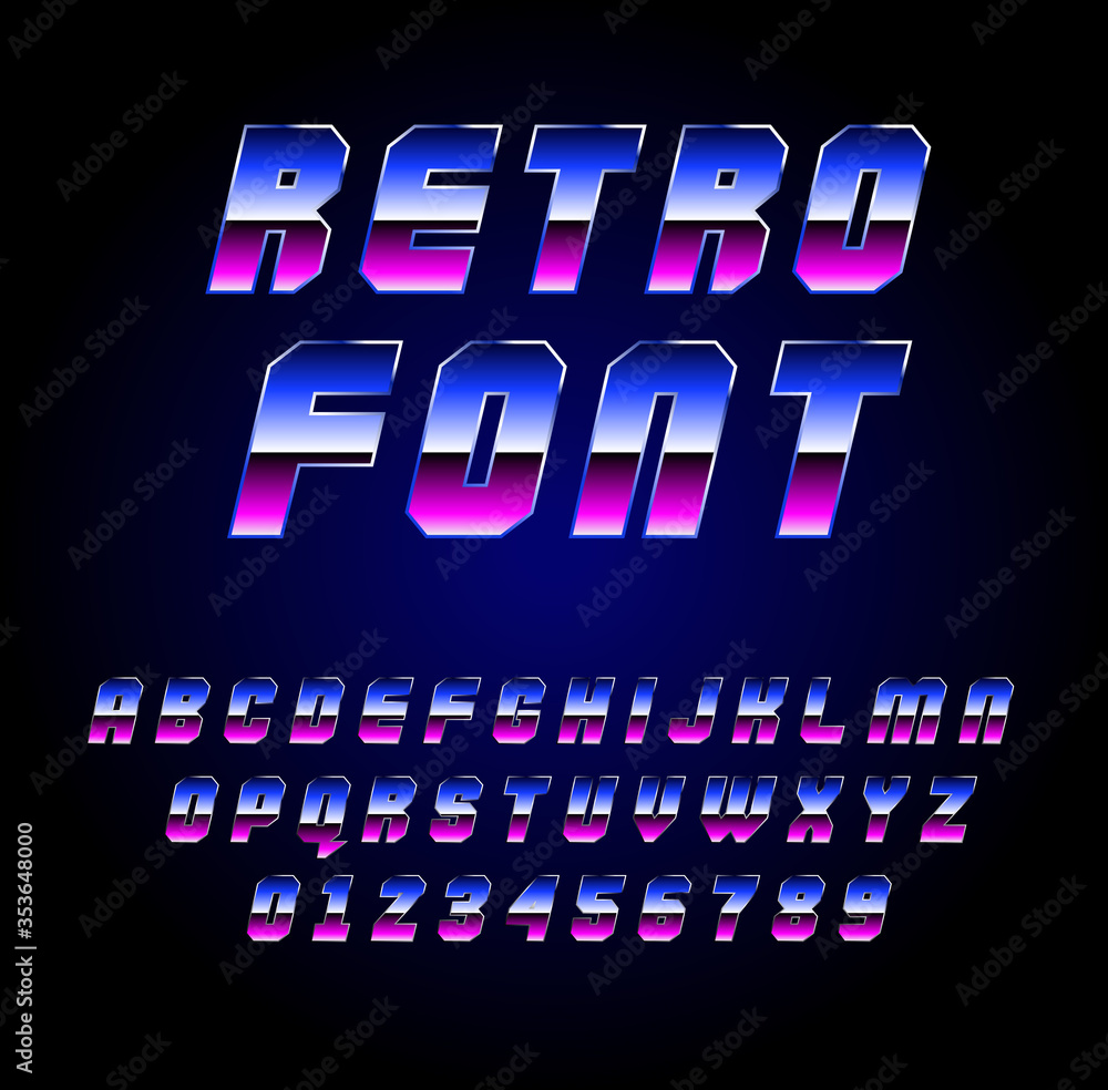Fototapeta Shiny Chrome Alphabet in 80s Retro Sci-Fi style. Vector Retro galaxy space font in the style of the 1980 holographic font. vector illustration