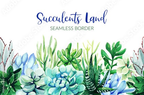 Seamless border composed of green and blue succulent plants