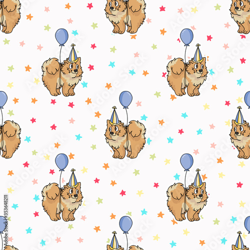Hand drawn cute pomeranian puppy with party hat seamless vector pattern. Purebred pedigree domestic dog celebration background. Dog lover spitz pet all over print. Kennel pooch. EPS 10. 