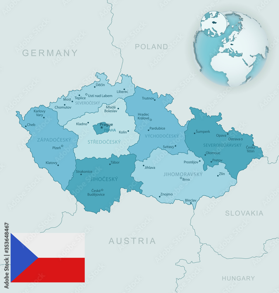 Blue-green detailed map of Czech Republic administrative divisions with country flag and location on the globe. Vector illustration