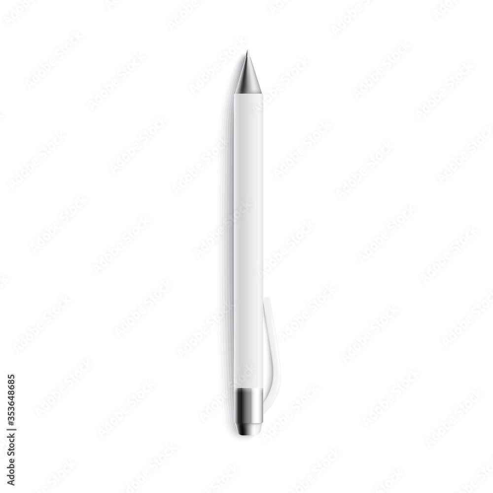 Mockup of top view one blank white ballpen lying upright realistic style Mockup of top view one blank white ballpen lying upright realistic style