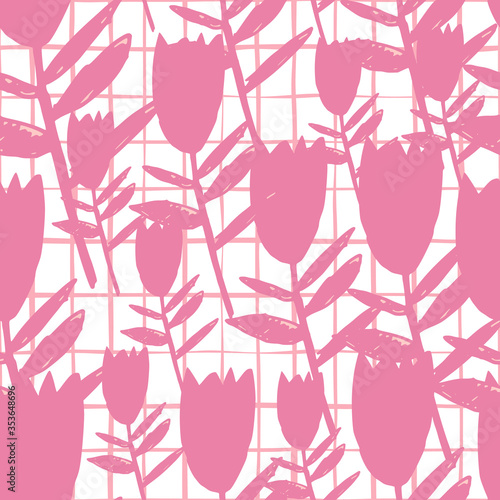 Abstract pink bluebell flowers seamless pattern on white background. Floral endless wallpaper.