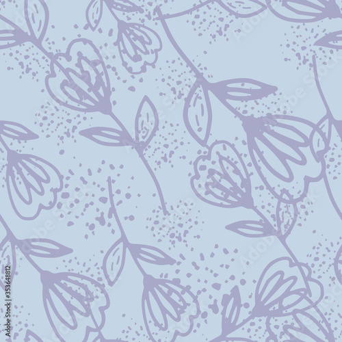 Abstract purple flower seamless pattern in doodle style on blue background. Cute floral endless wallpaper.