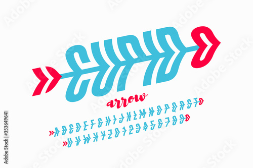 Cupids arrow style font, Valentines Day card design element, alphabet letters and numbers