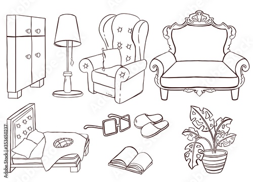 Set of furniture in bedroom. Vector illustration