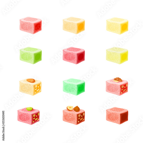 Turkish delight set, lokum collection. Traditional oriental sweet candy. Vector illustration cartoon icon isolated on white.