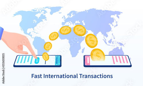 World money transfer. Hands hold smartphones and presses the send button The funds are sent to the recipient Online. Global Digital Money Smart Banking finance. Suitable for landing web Vector