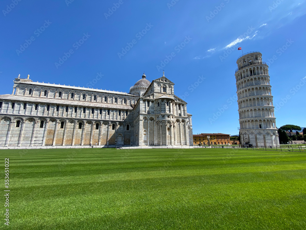 Field of Miracles and Leaning Tower, Pisa. Panoramic view without tourists on a sunny day