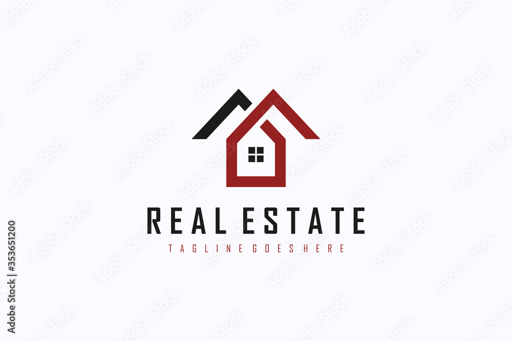 Real Estate Logo. Black and Red House Symbol Geometric Linear Style isolated on White Background. Usable for Construction Architecture Building Logo Design Template Element. Real Estate Logo. Black and Red House Symbol Geometric Linear Style isolated on White Background. Usable for Construction Architecture Building Logo Design Template Element.