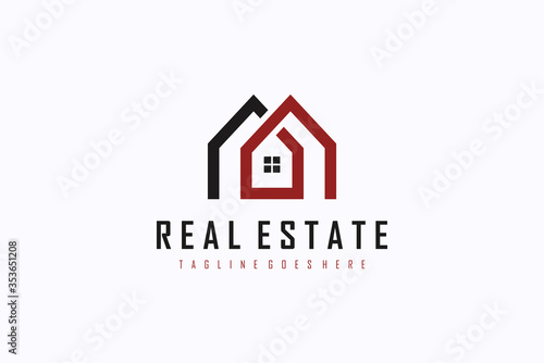 Real Estate Logo. Black and Red House Symbol Geometric Linear Style isolated on White Background. Usable for Construction Architecture Building Logo Design Template Element.