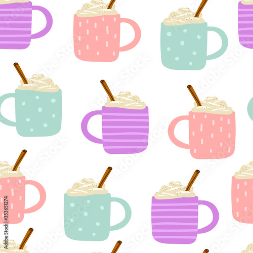 Seamless Cute Scandinavian vector stock pattern. Pink, blue, violet cups with hot drinks, foam, cream, cinnamon. Eggnog, coffee, cocoa, chocolate, milk on a white background. Winter holidays element