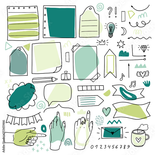 Set of elements for bullet journal. Collection of doodles for the daily planner, weekly planner. A black line on a white background.